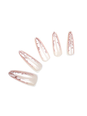 Rose Gold Ripple long stiletto pearl nude press-on nails with sculpted rose gold chrome ripple details 30-piece set