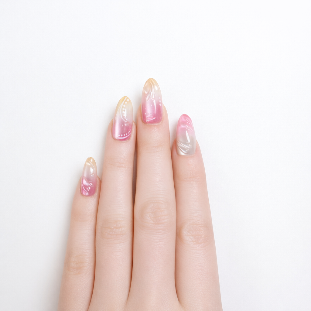 Professional studio photo of elegant white skin model hand wearing almond-shaped press-on nails with pink and gold ombre design, pearl accents, and glossy finish.