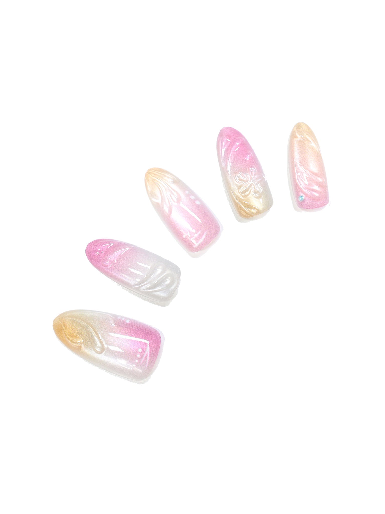 Pink Pearl Blossom Duo long almond pink white pearl ombré press-on nails 3D embossed floral mismatch set 30-piece