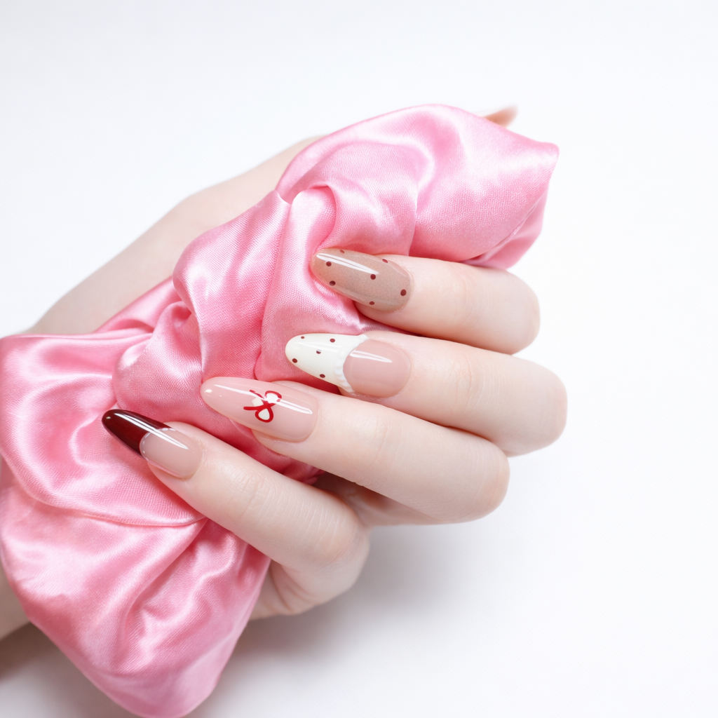 Professional studio photo of a white model hand holding a pink satin cloth, featuring long almond nude press-on nails with burgundy French tip, red bow accent, and polka dot design.
