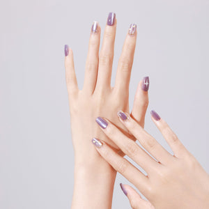Purple Stardust short square purple galaxy press-on nails with moon and star nail art