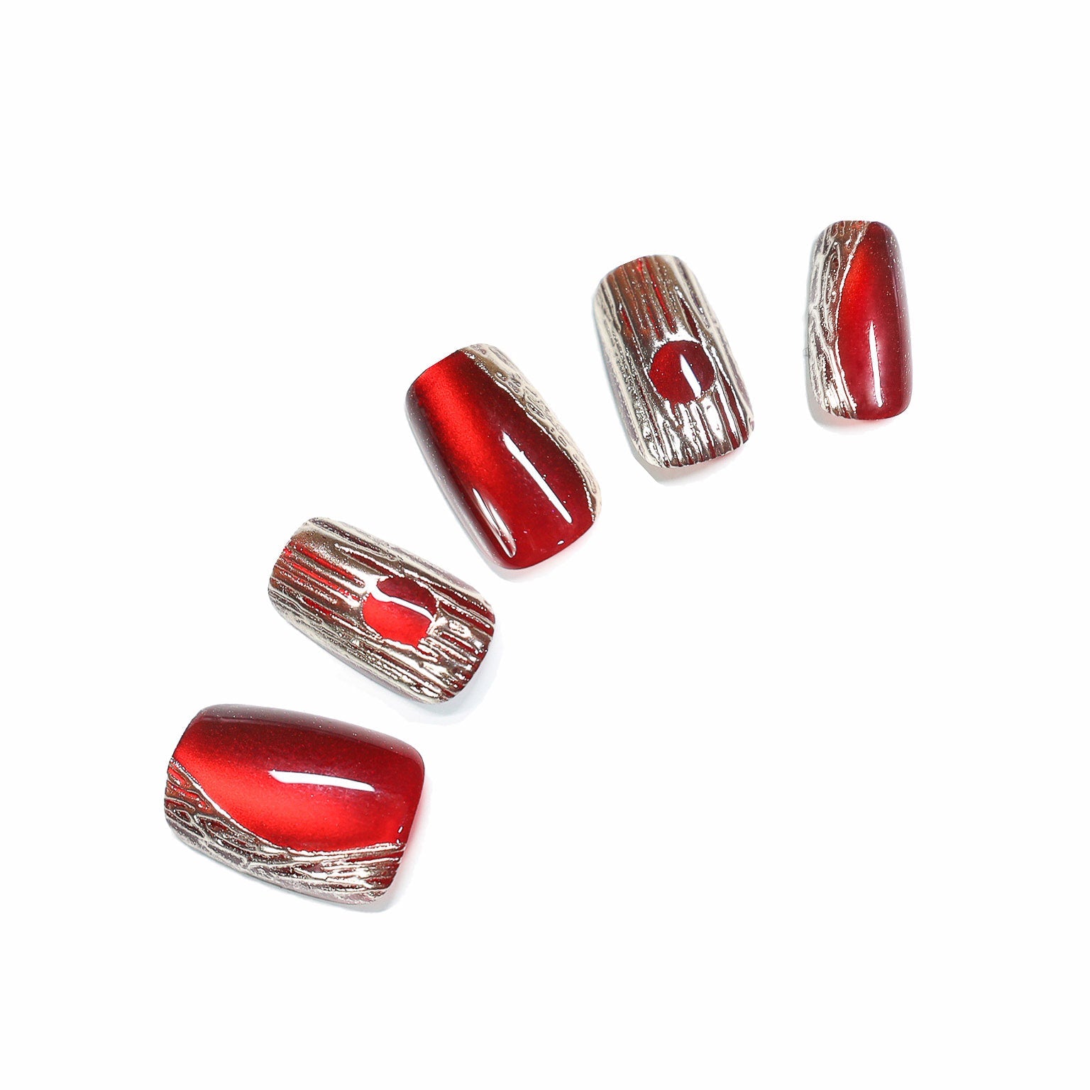 Ruby Flux short square ruby red chrome press-on nails with molten gold accents