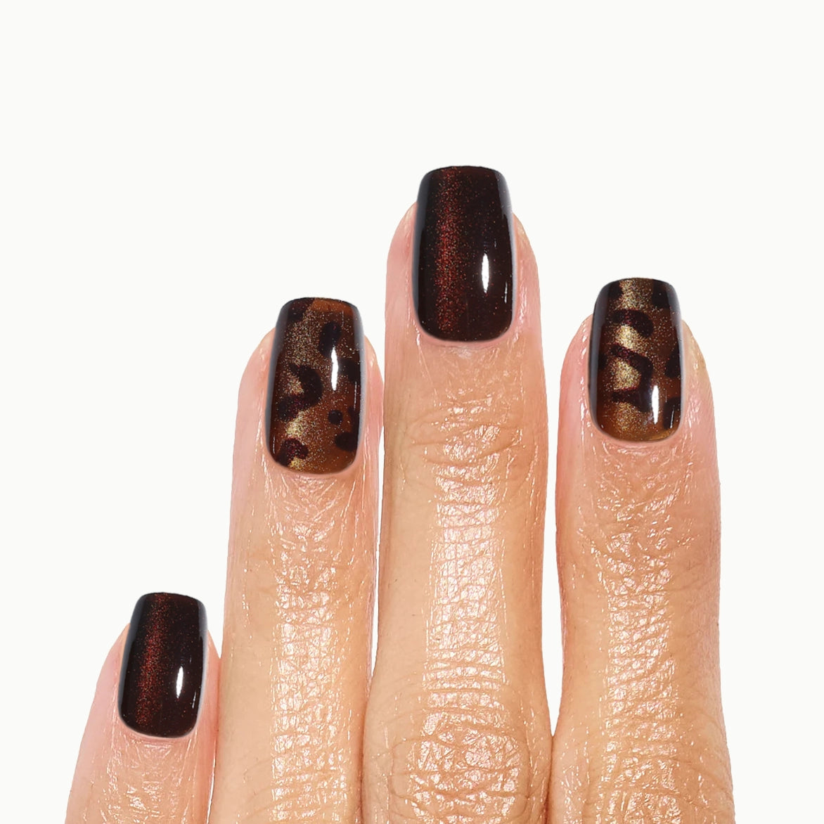 Dark Jungle – Square Chocolate Cat Eye Press On Nails with Tortoiseshell Leopard Accents
