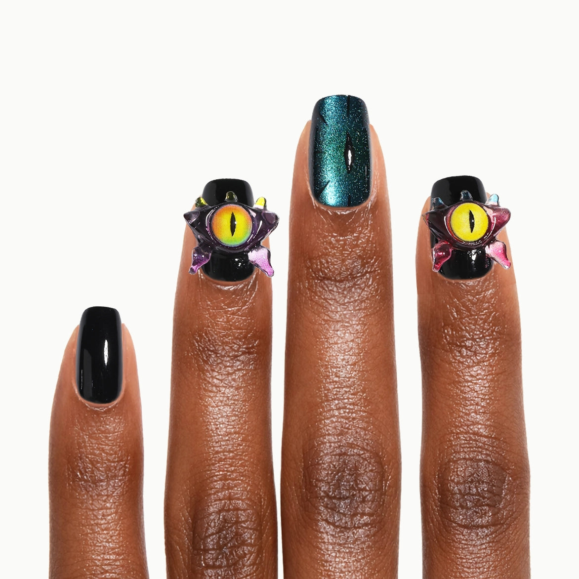 Night Watcher – Short Square Black & Teal Cat Eye Press-On Nails with 3D Eye Charms
