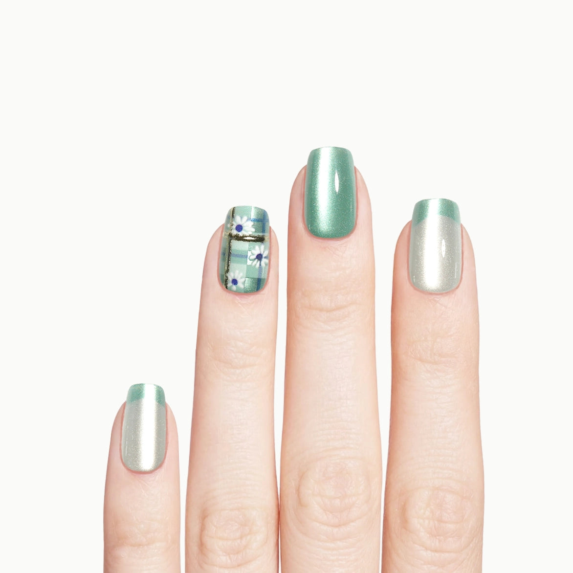 Meadow Bloom – Square Mint Plaid Daisy Press-On Nails