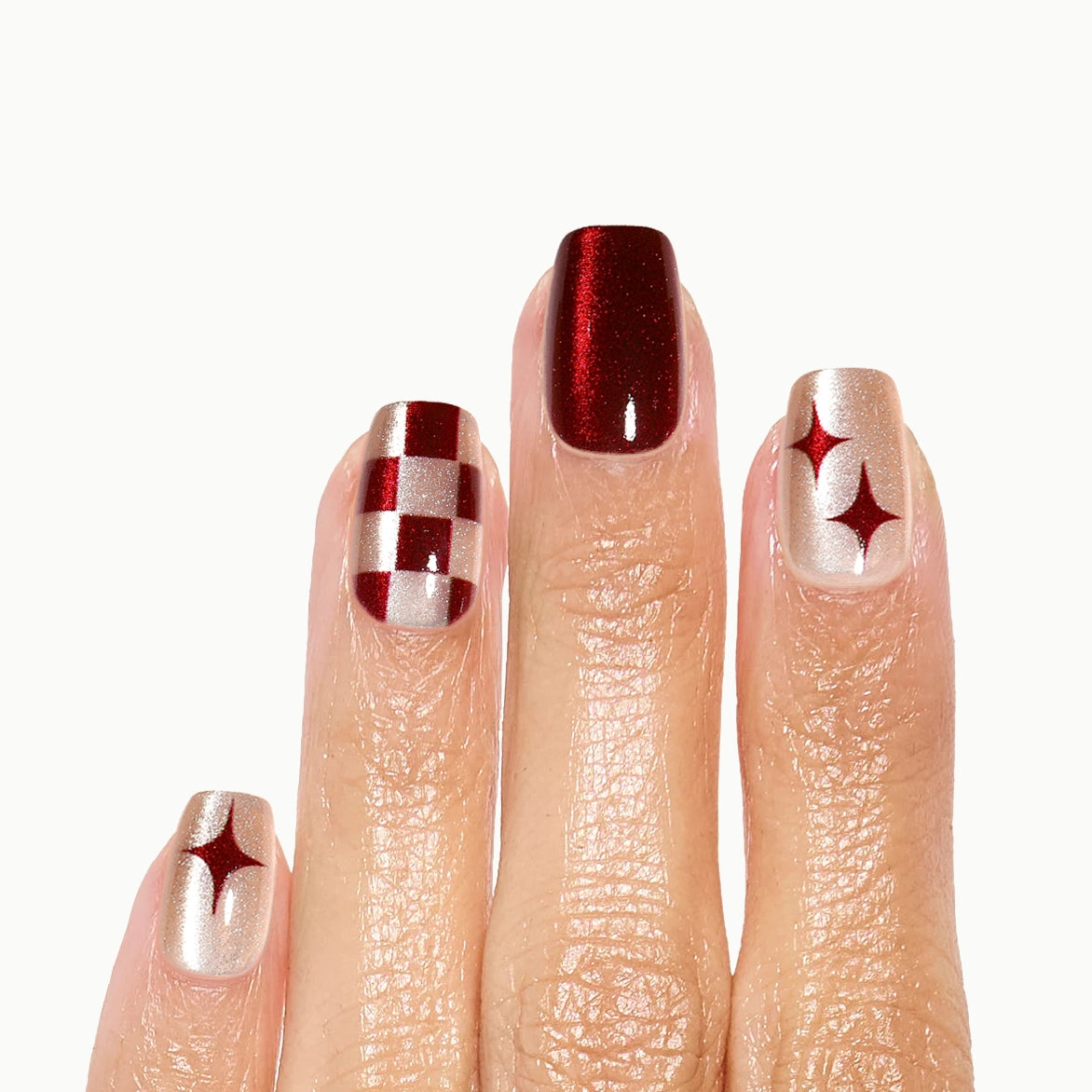 Ruby Sparkle – Red Glitter Checker Star Square Press On Nails