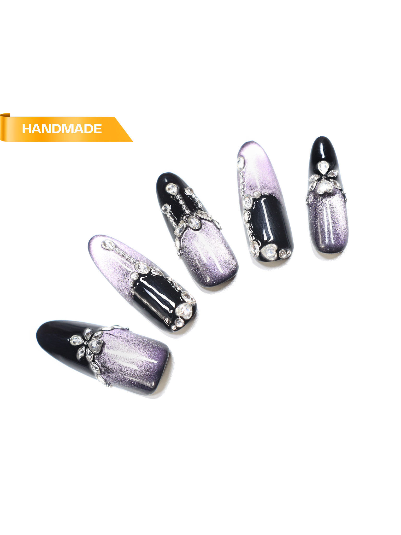 Handmade black and purple ombré chrome press-on nails with rhinestone accents on white background
