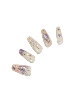 Lilac Stargaze long coffin nude press-on nails with purple butterfly gold stars and purple heart accent 30-piece set