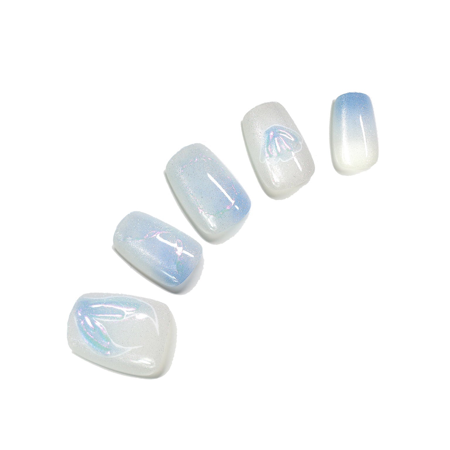 Seafoam Shell short square milky white baby blue ombre press-on nails with iridescent fishtail and shell design 30-piece set