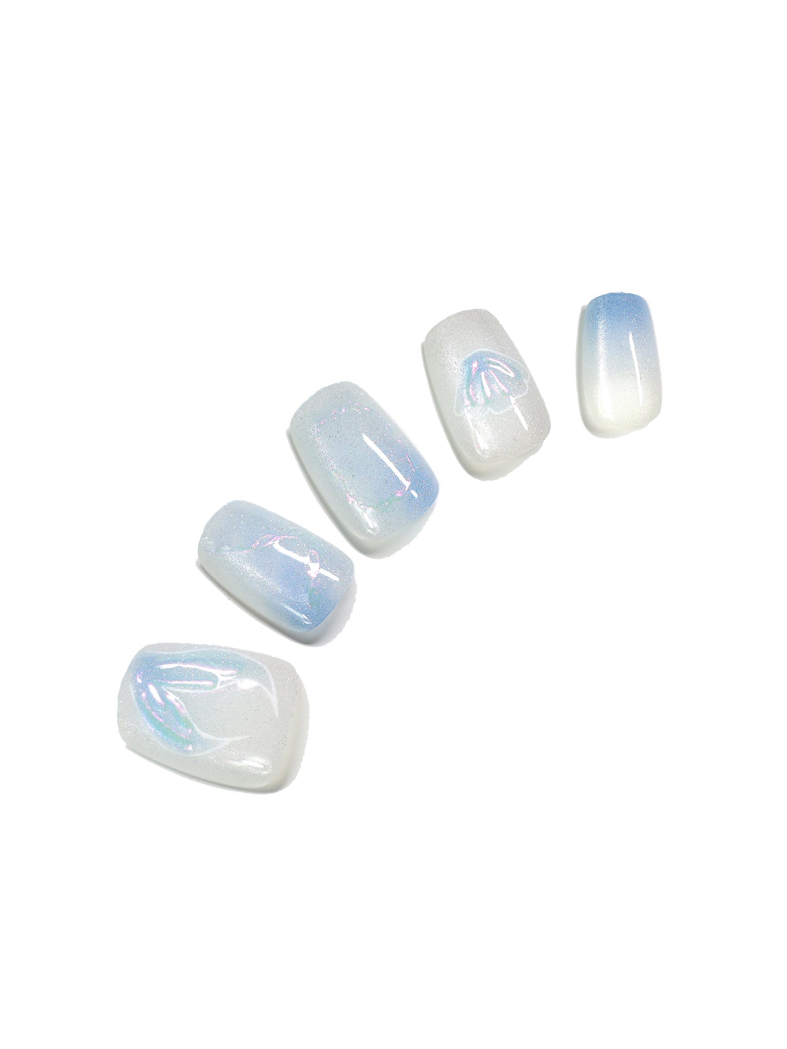 Seafoam Shell short square milky white baby blue ombre press-on nails with iridescent fishtail and shell design 30-piece set