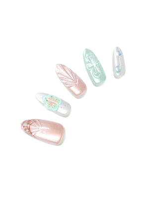 Tropical Pearl Shell long almond pearlescent press-on nails with seashell texture mint accents bow and 3D flower mismatched set 30-piece