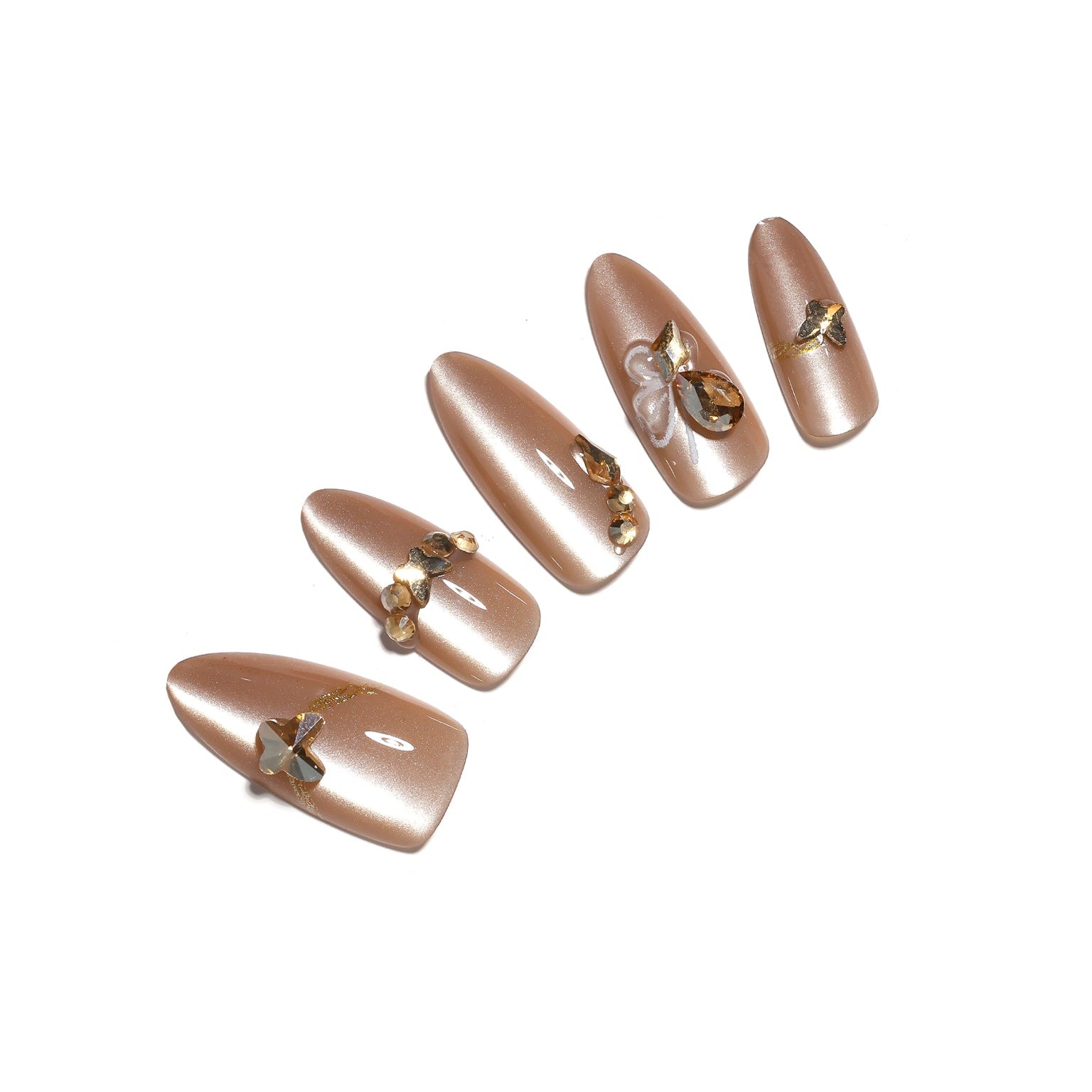 Sky Dance medium almond champagne pearl press-on nails with gold charm accents 30-piece set