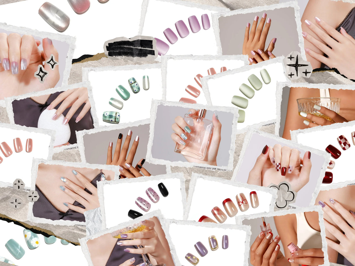 Collage of press on nail sets in pastel, chrome, plaid, and glitter styles for back to school manicures