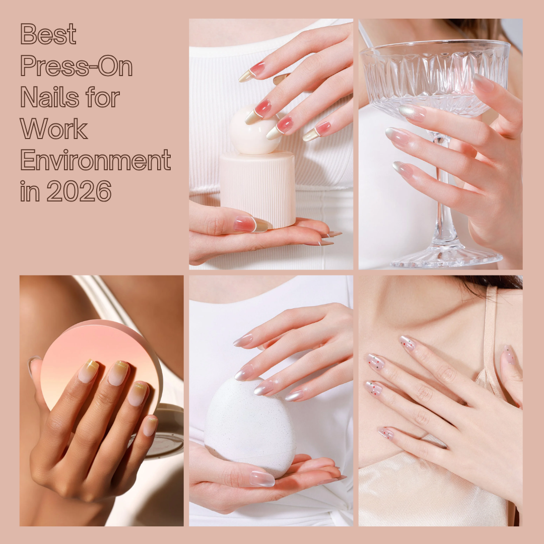 Collage of neutral and professional press-on nails for work environments in 2026, featuring soft nude, pearl, French tip, and minimalist nail designs.