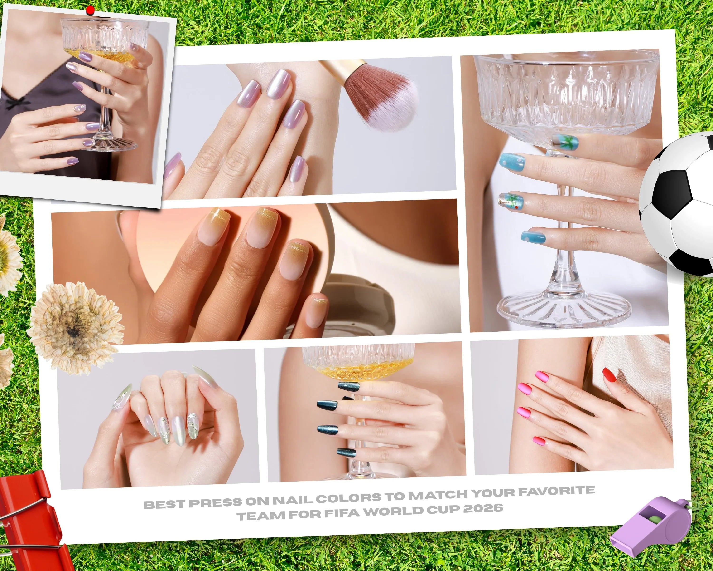 Collage of press-on nail designs in soft pink, gold French tip, teal, silver, and bright red colors, displayed on hands holding glasses, with a grass background and soccer-themed decorations for FIFA World Cup 2026.