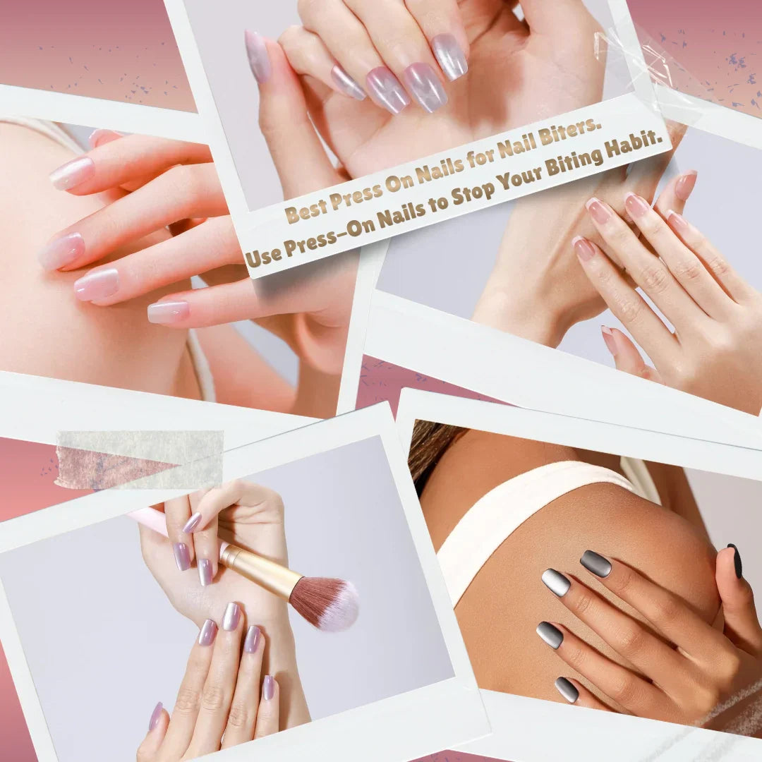 Collage of glossy press-on nail manicures in soft pink, lavender, and silver shades with text reading “Best Press On Nails for Nail Biters” and “Use Press-On Nails to Stop Your Biting Habit.”