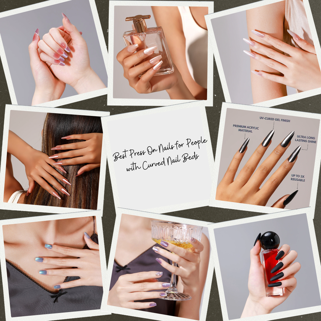 Premium press-on nails collage featuring glossy almond and stiletto shapes on diverse hands, showcasing natural fit for curved nail beds with salon-quality shine