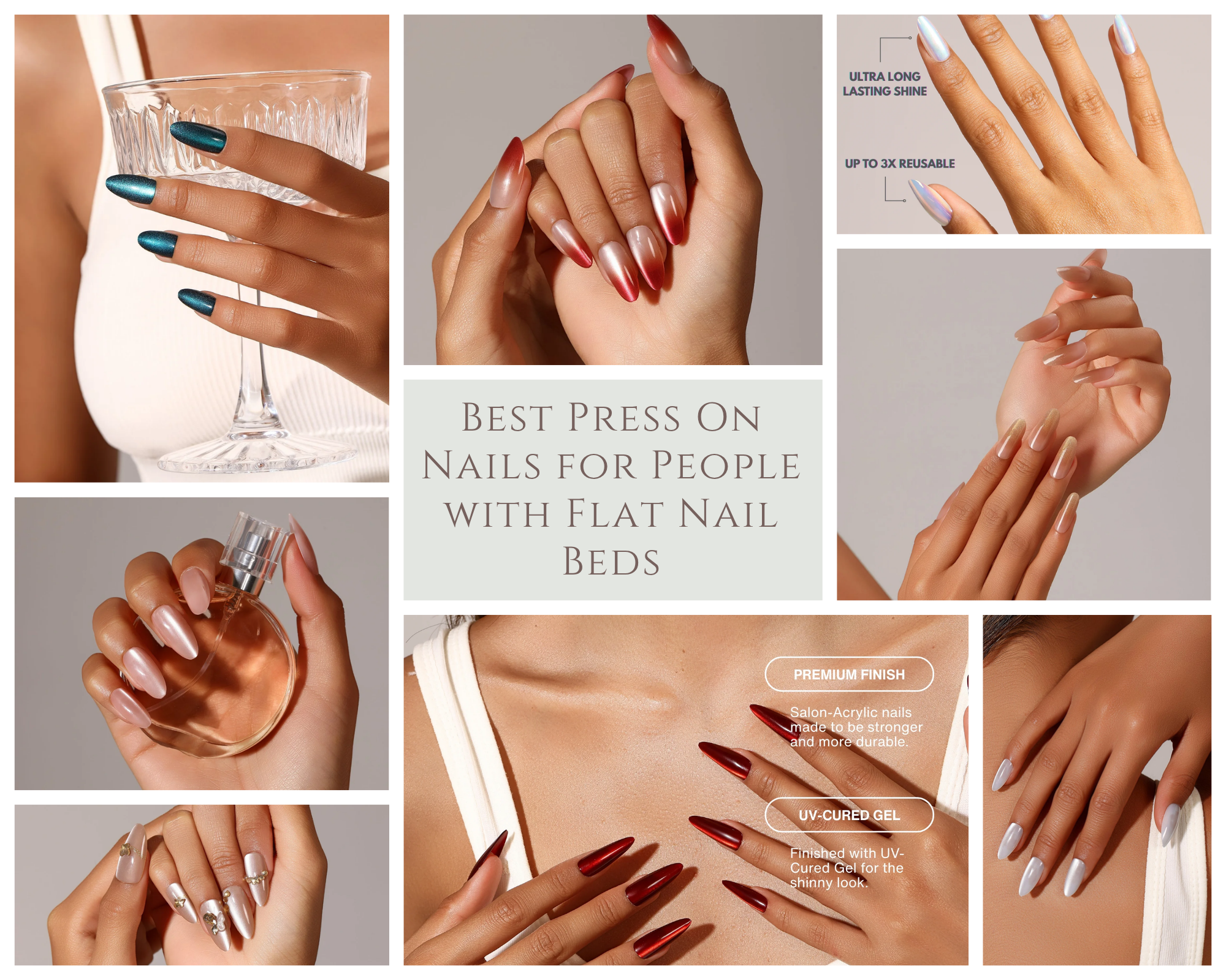 Collage of premium press on nails for flat nail beds featuring almond and stiletto shapes with glossy nude, red, chrome, and cat eye finishes on model hands