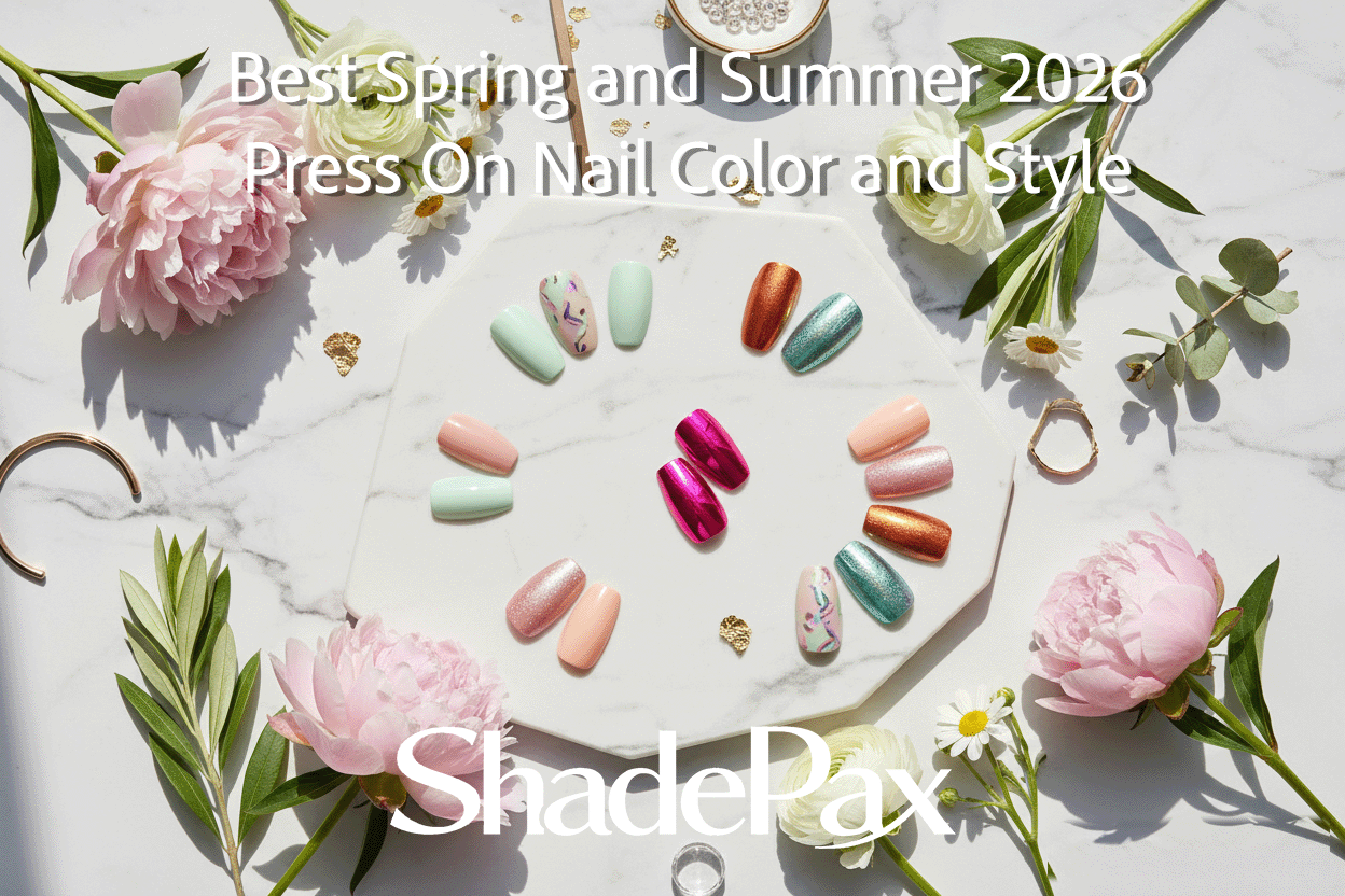 Flat lay of spring and summer 2026 press-on nails in pastel mint green, blush pink, peach nude, hot pink chrome, copper orange, and iridescent teal on white marble with fresh flowers and gold accents