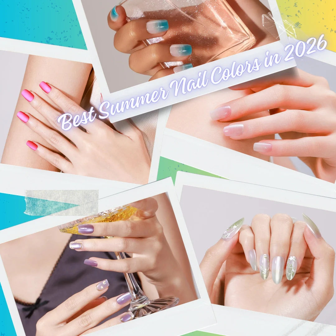 Collage of summer press on nail styles in bright pink, teal ombre, soft nude, purple chrome, and green floral designs with text reading Best Summer Nail Colors in 2026.