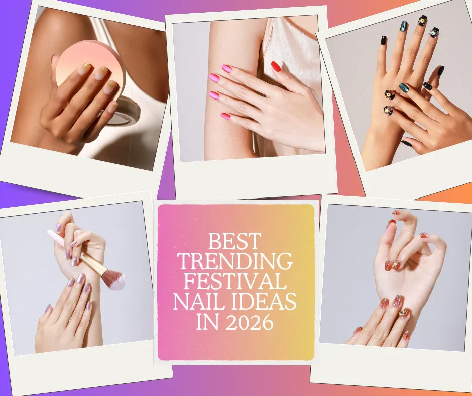 Collage of colorful press on nail designs with festival inspired manicures, including chrome, floral, pink, red, and glitter nail styles, with text reading Best Trending Festival Nail Ideas in 2026.