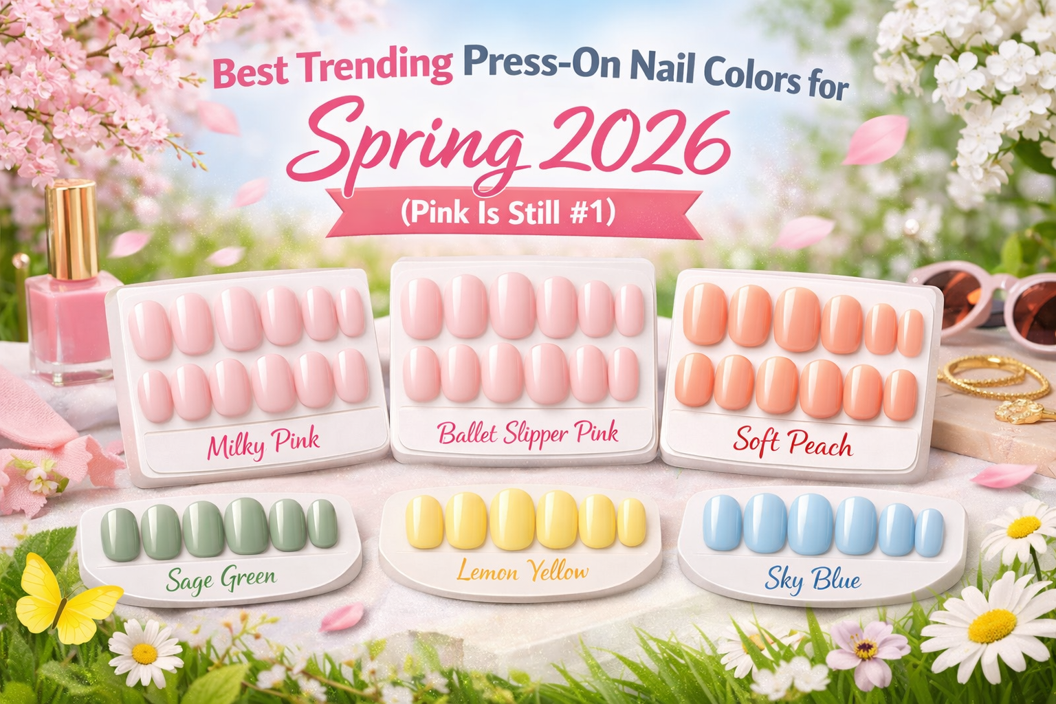 Best trending press-on nail colors for Spring 2026 featuring milky pink, ballet slipper pink, soft peach, sage green, lemon yellow, and sky blue on a soft spring background