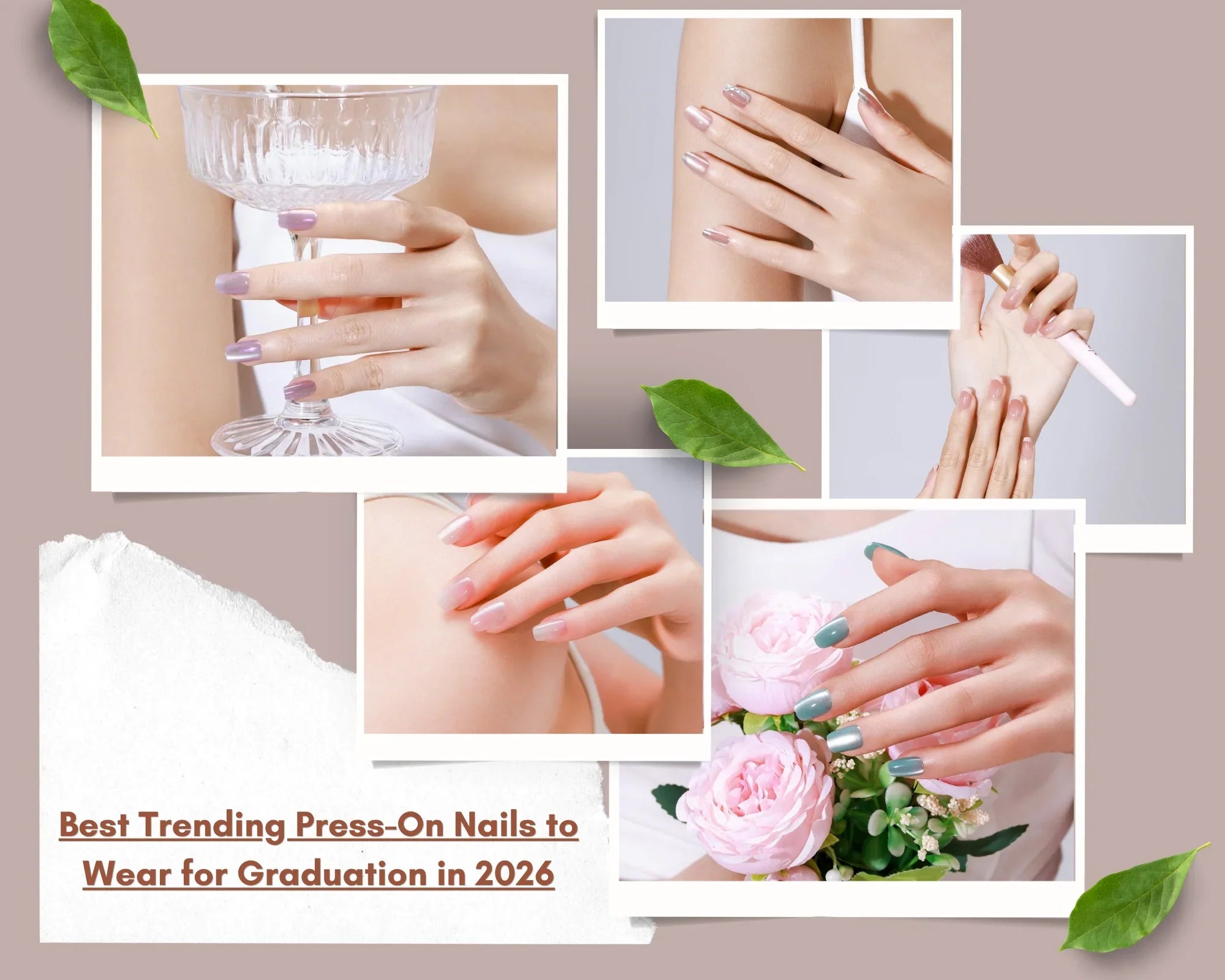 Collage of elegant press-on nails in soft pink, lavender, silver, and sage green styles for graduation nail inspiration in 2026