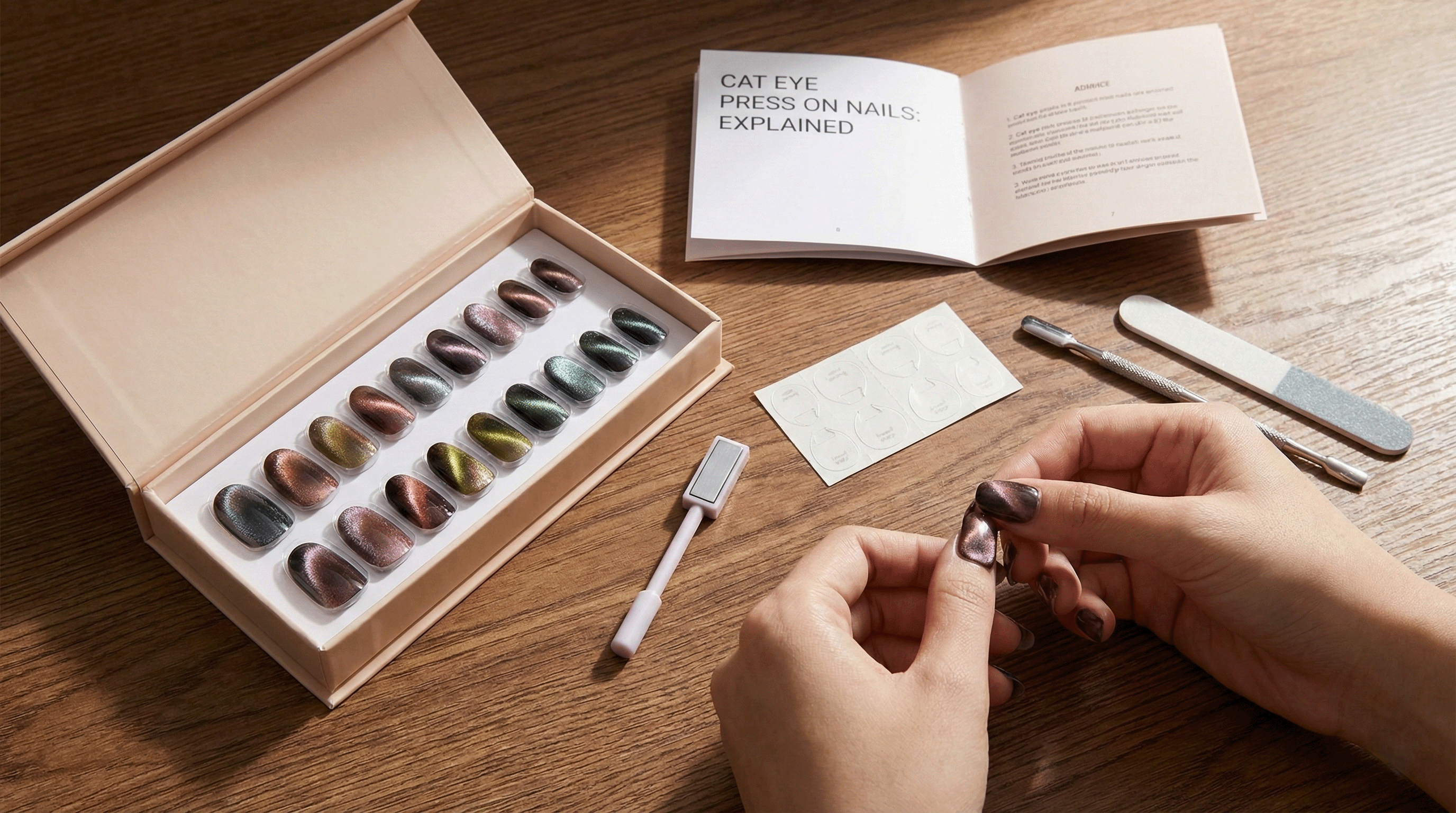 A flat-lay view of a person applying cat eye press-on nails at a wooden table. The workspace includes an open box of shimmering magnetic nails, adhesive tabs, a nail file, a cuticle pusher, and an instruction booklet.