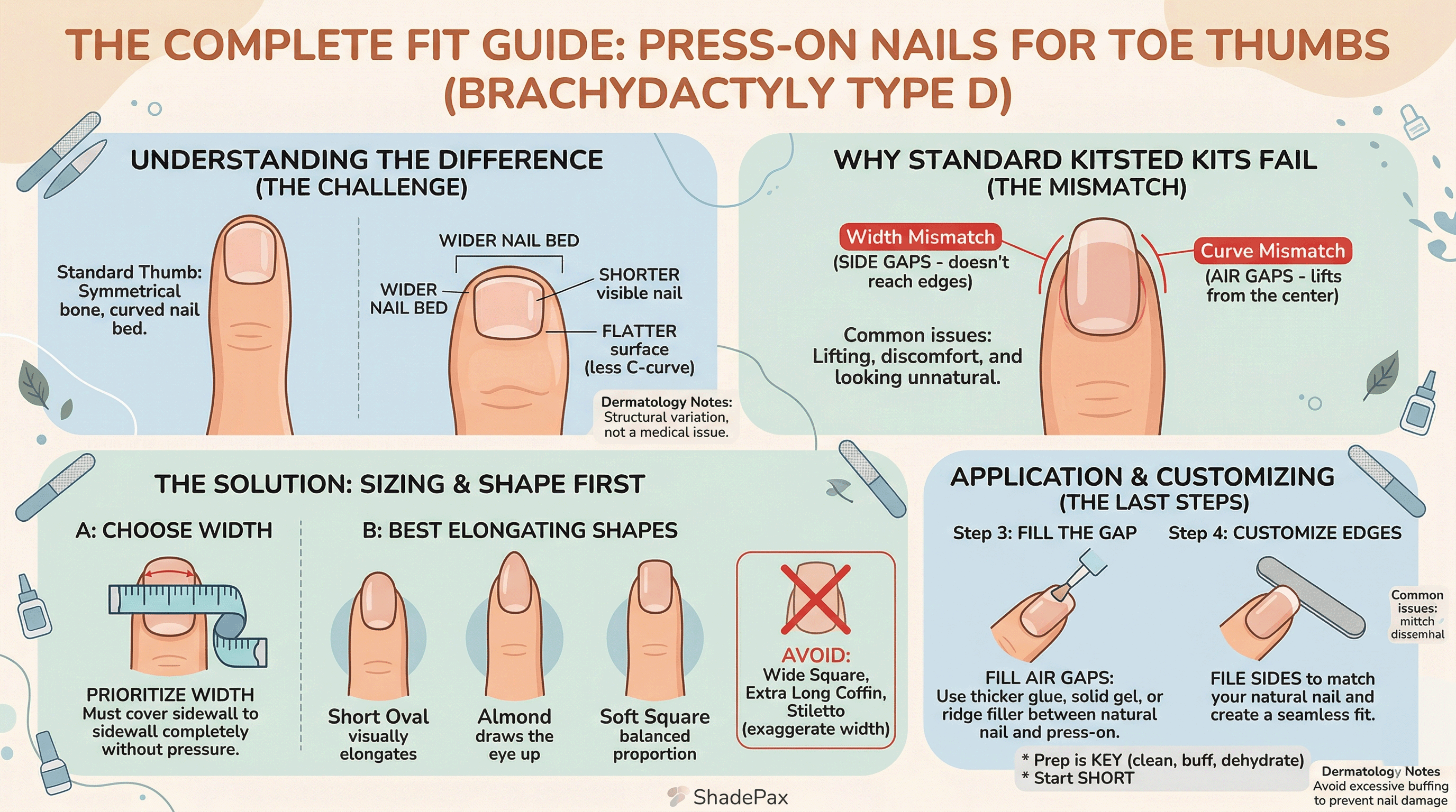Press on nails fit guide for toe thumbs brachydactyly type D showing width mismatch, curve mismatch, sizing tips, best nail shapes like almond and oval, and application steps to create a perfect fit