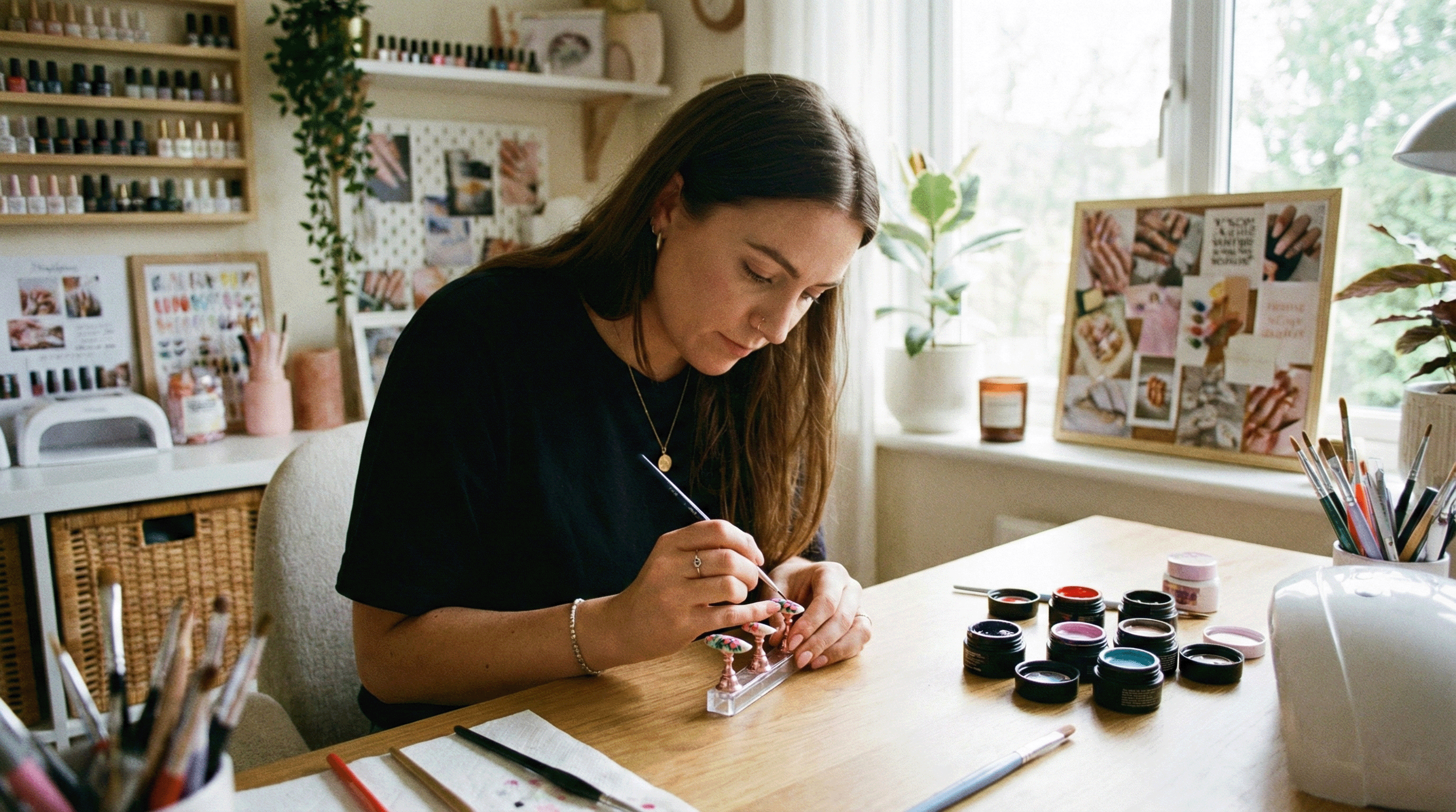 Hand-painting custom handmade press-on nails in a studio using fine detail brushes and salon gel colors