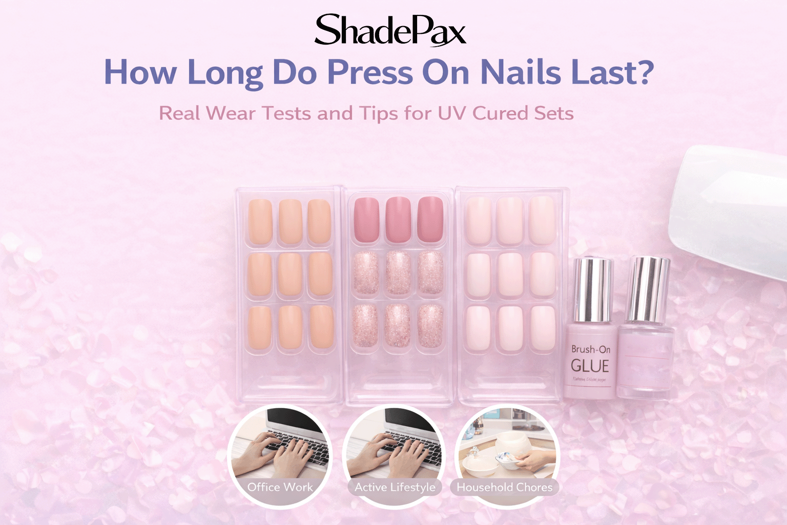 Landscape graphic titled “How Long Do Press On Nails Last? Real Wear Tests and Tips for UV Cured Sets” featuring press-on nail trays, brush-on glue, remover bottle, and lifestyle icons on a soft pink background.