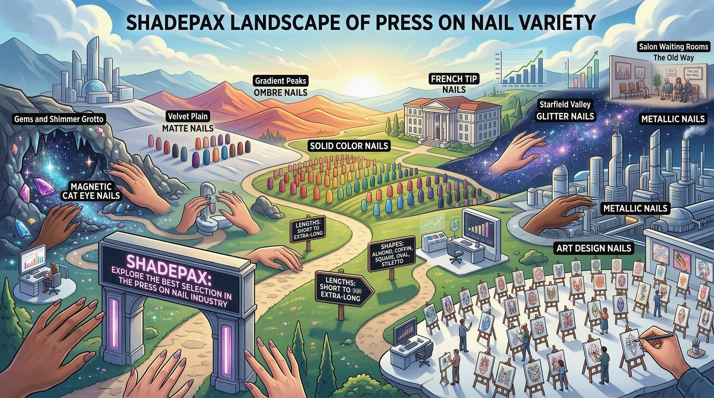 Illustration showing the wide variety of ShadePax press on nail styles including ombre, matte, French tip, glitter, metallic, and solid color designs.