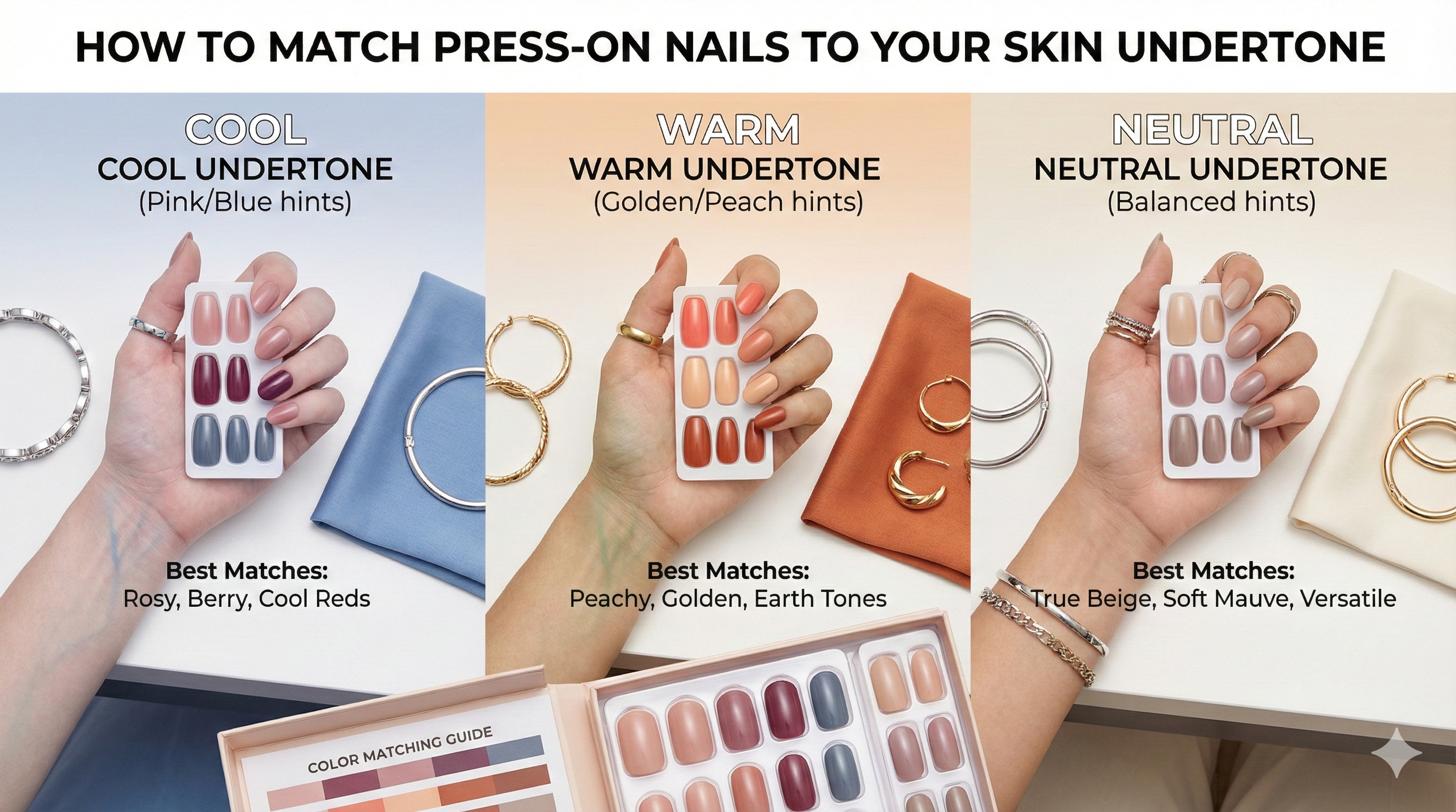 comparison image of hand matching press on nails to match warm, cool, neutral skin undertone