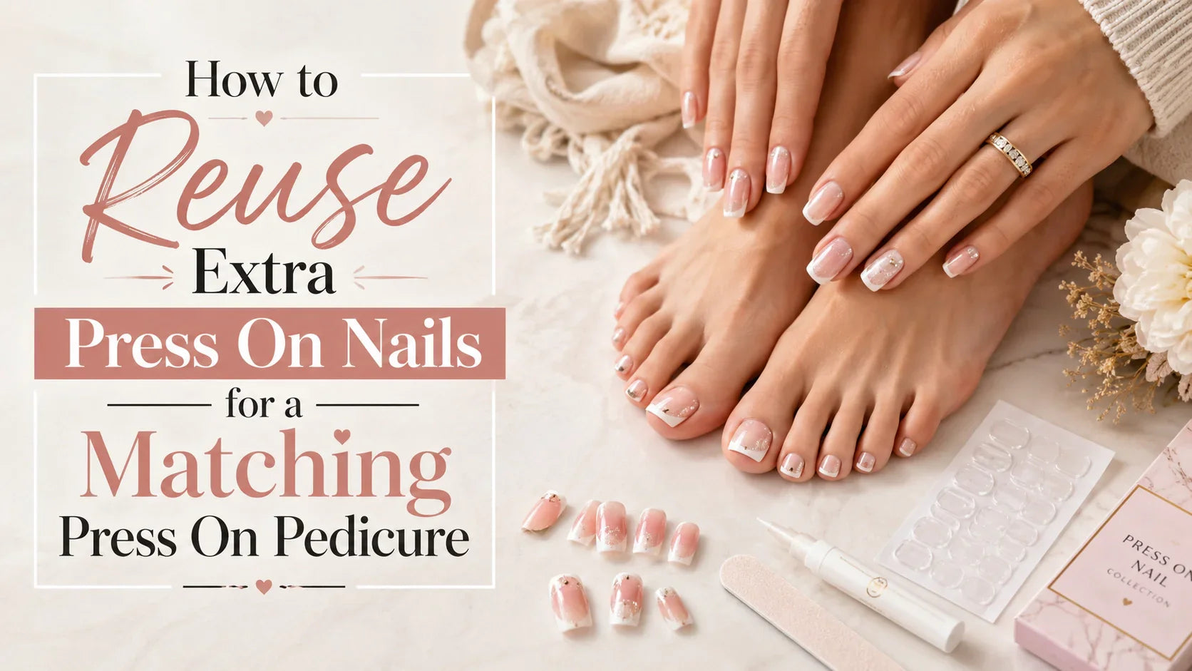 Matching nude French press-on manicure and pedicure with extra press-on nails, nail glue, file, and adhesive tabs beside the headline “How to Reuse Extra Press On Nails for a Matching Press On Pedicure.