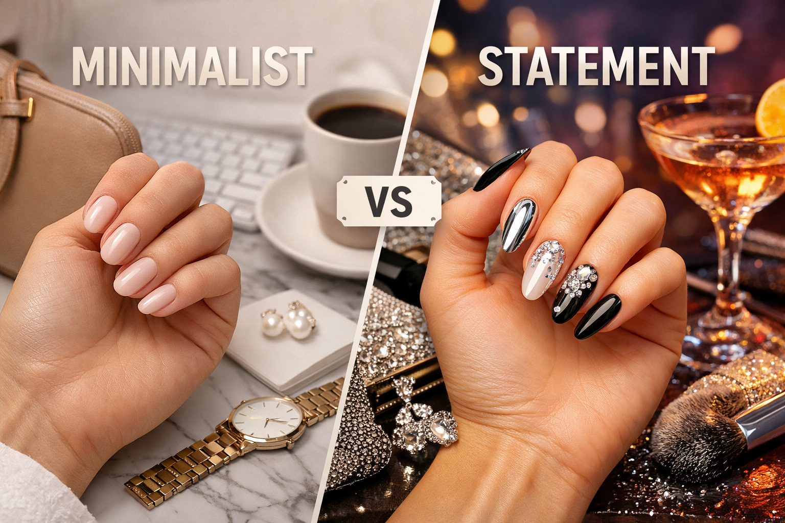 Minimalist vs statement press-on nails comparison showing nude everyday manicure versus bold black glam nails for special occasions