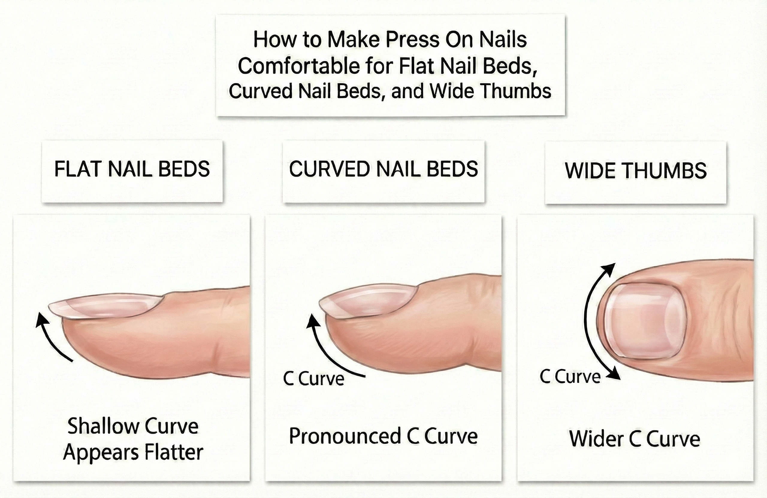 Definition and Image of Press On Nails for Flat Nail Beds, Curved Nail Beds, and Wide Thumbs