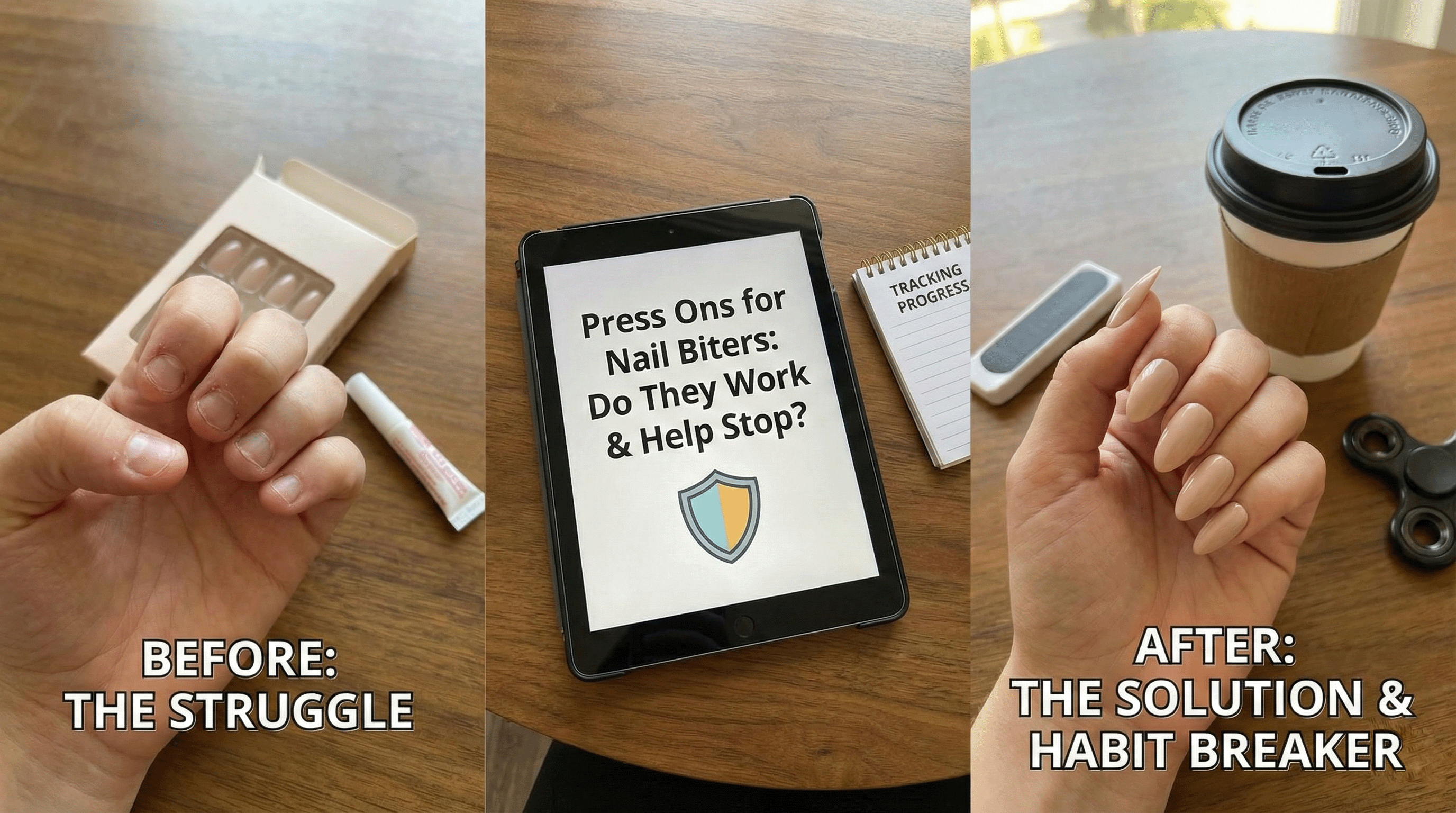 Before and after comparison showing bitten nails versus natural-looking press-on nails for nail biters