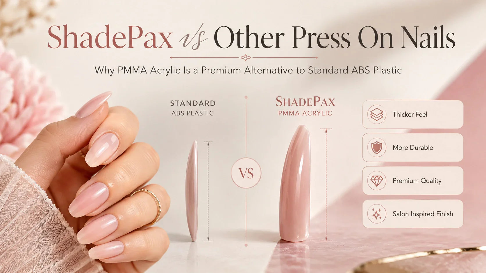 ShadePax PMMA acrylic press on nails compared with standard ABS plastic press on nails, showing thicker, more durable, premium quality nails with a salon inspired finish.