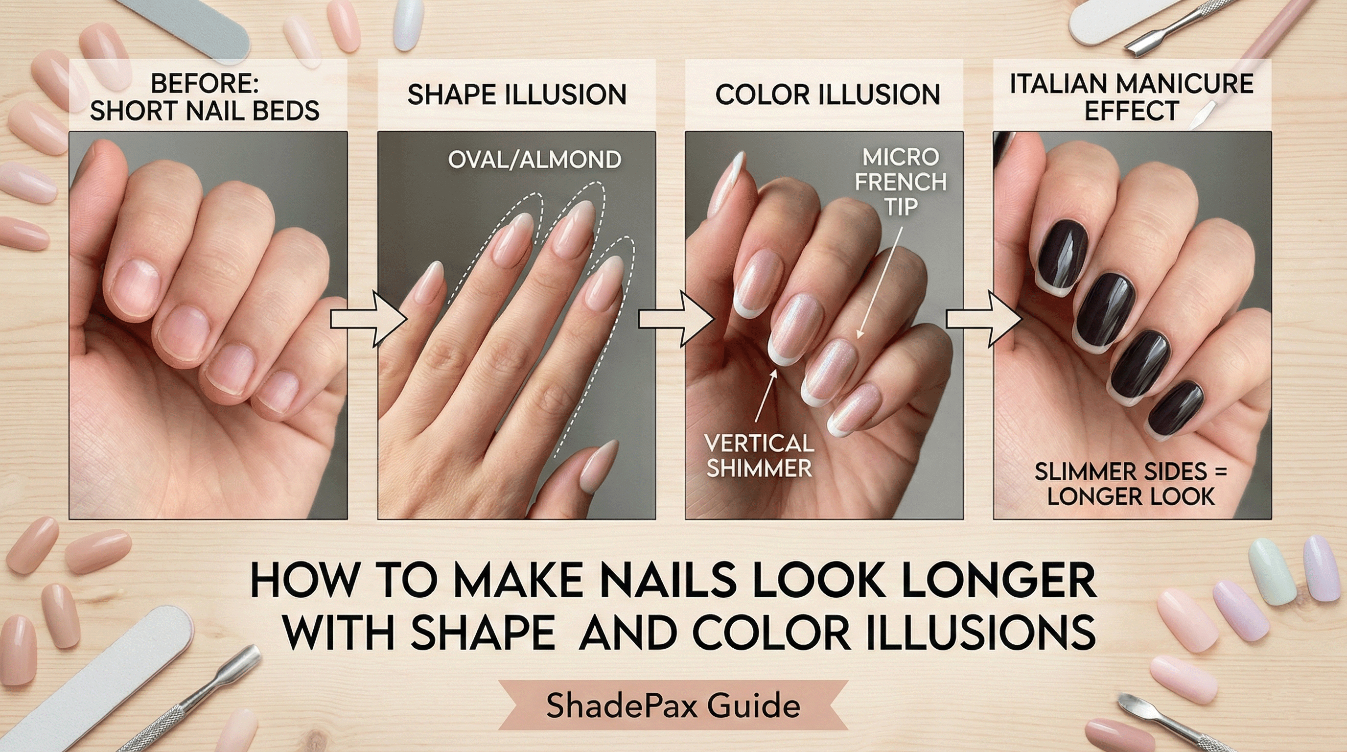 Infographic showing how to make short nail beds look longer using shape and color illusions, including oval and almond nail shapes, micro French tips, vertical shimmer, and Italian manicure techniques.