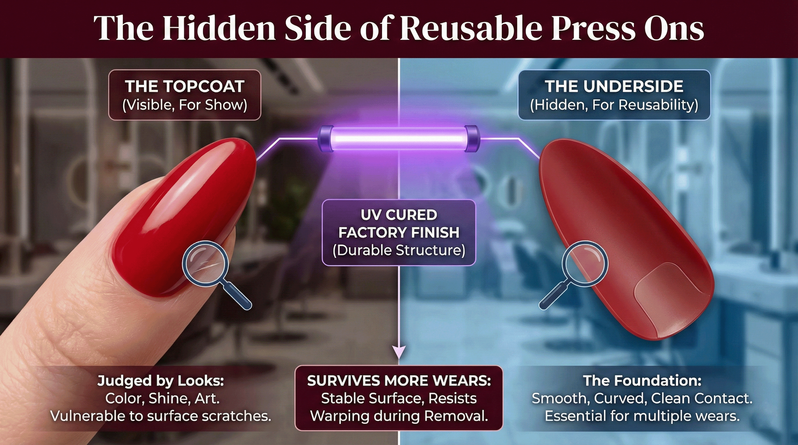 Reusable press on nail visual showing glossy topcoat and clean underside, explaining why UV cured sets last longer across multiple wears