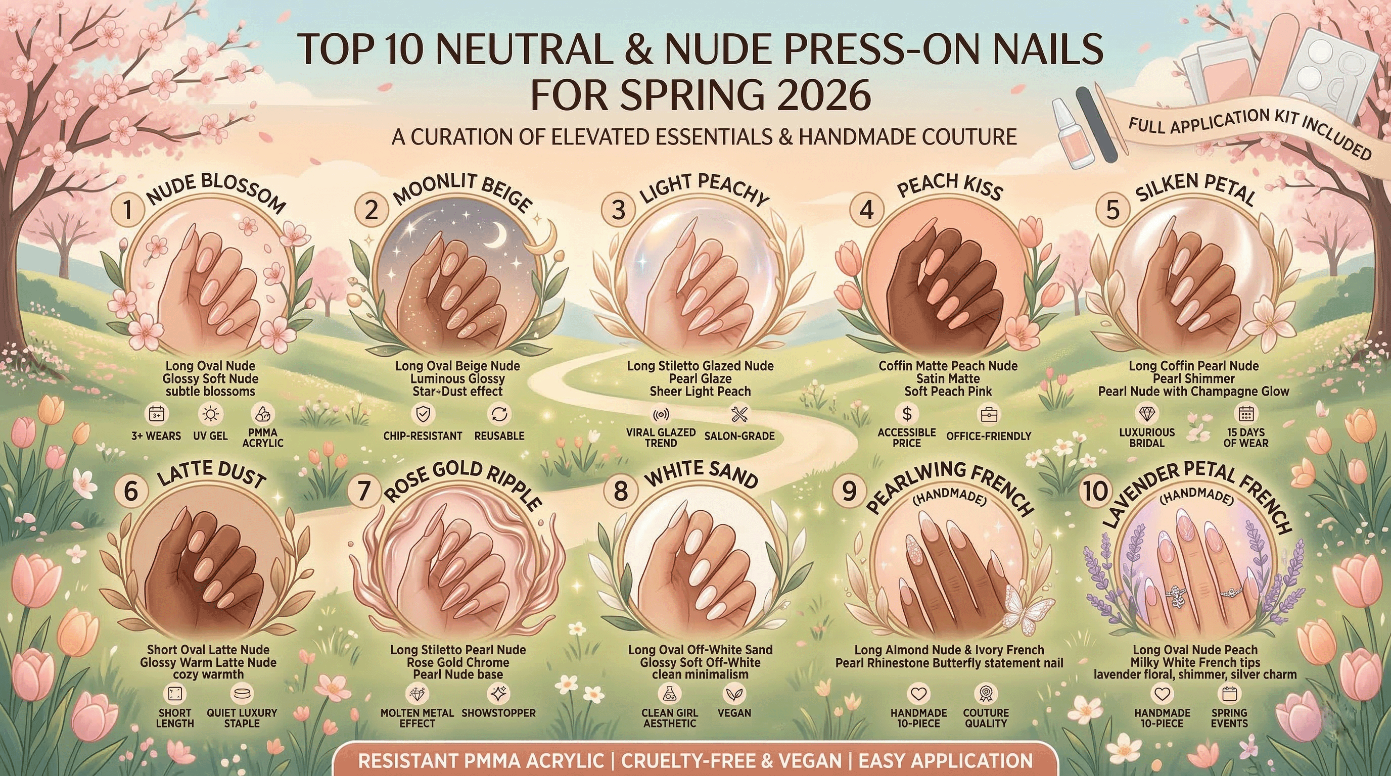 Infographic showing the top 10 neutral and nude press-on nail designs for Spring 2026, including glossy nude, peach matte, pearl shimmer, French tips, and minimalist clean girl styles.