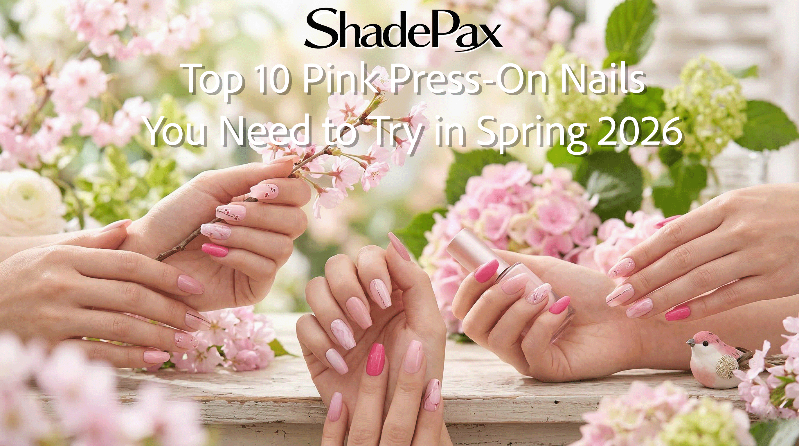 Pink press-on nails in spring floral setting showcasing trendy manicure styles for Spring 2026