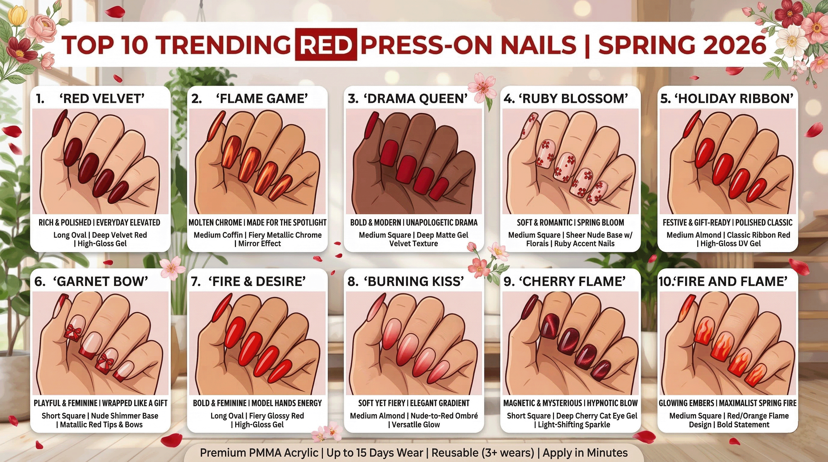 Infographic showing Top 10 trending red press-on nail designs for Spring 2026 including velvet red, chrome red, floral ruby nails, ombre red, cat eye cherry nails, and flame nail art.