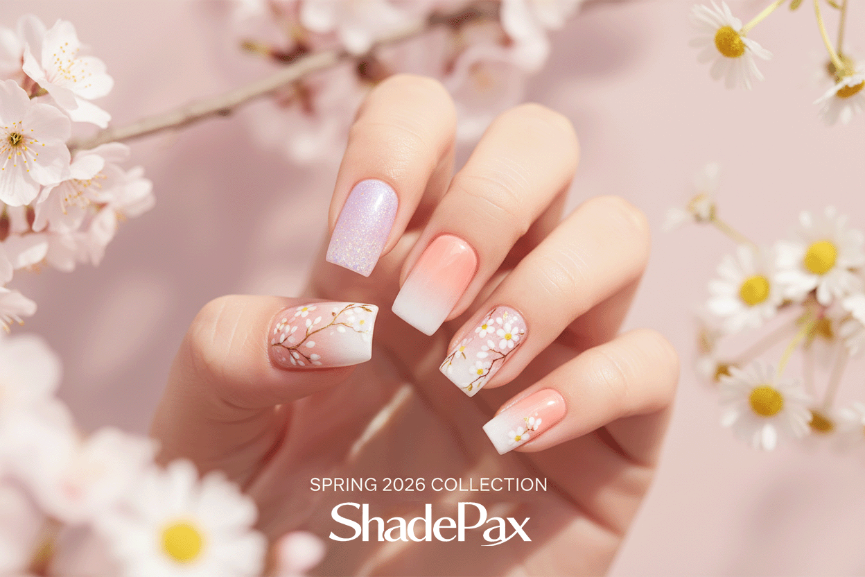 Spring 2026 square press-on nails with peach ombre, daisy floral nail art, and glossy gel finish on a soft pink background by ShadePax