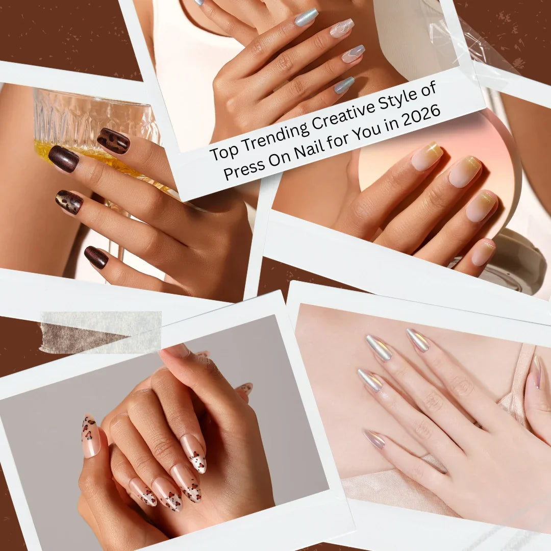 Collage of 2026 trending press on nail styles featuring metallic chrome, leopard print, gold French tips, and soft nude nail designs by ShadePax