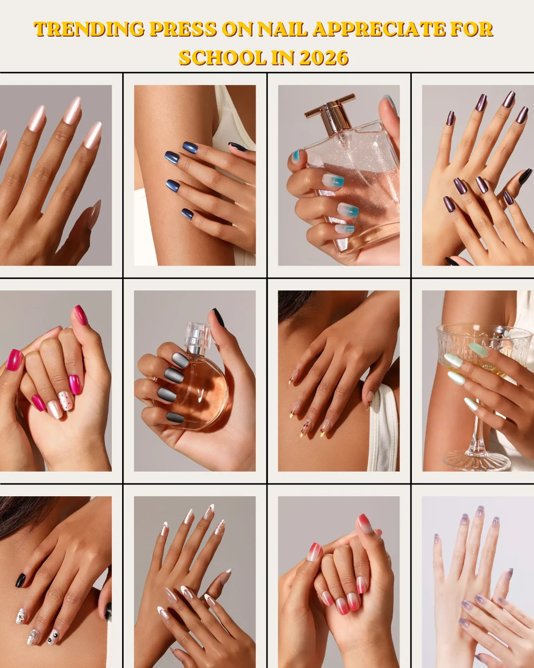 Collage of 12 trending press-on nail designs for school in 2026, featuring chrome, ombré, French tip, matte, and colorful styles.