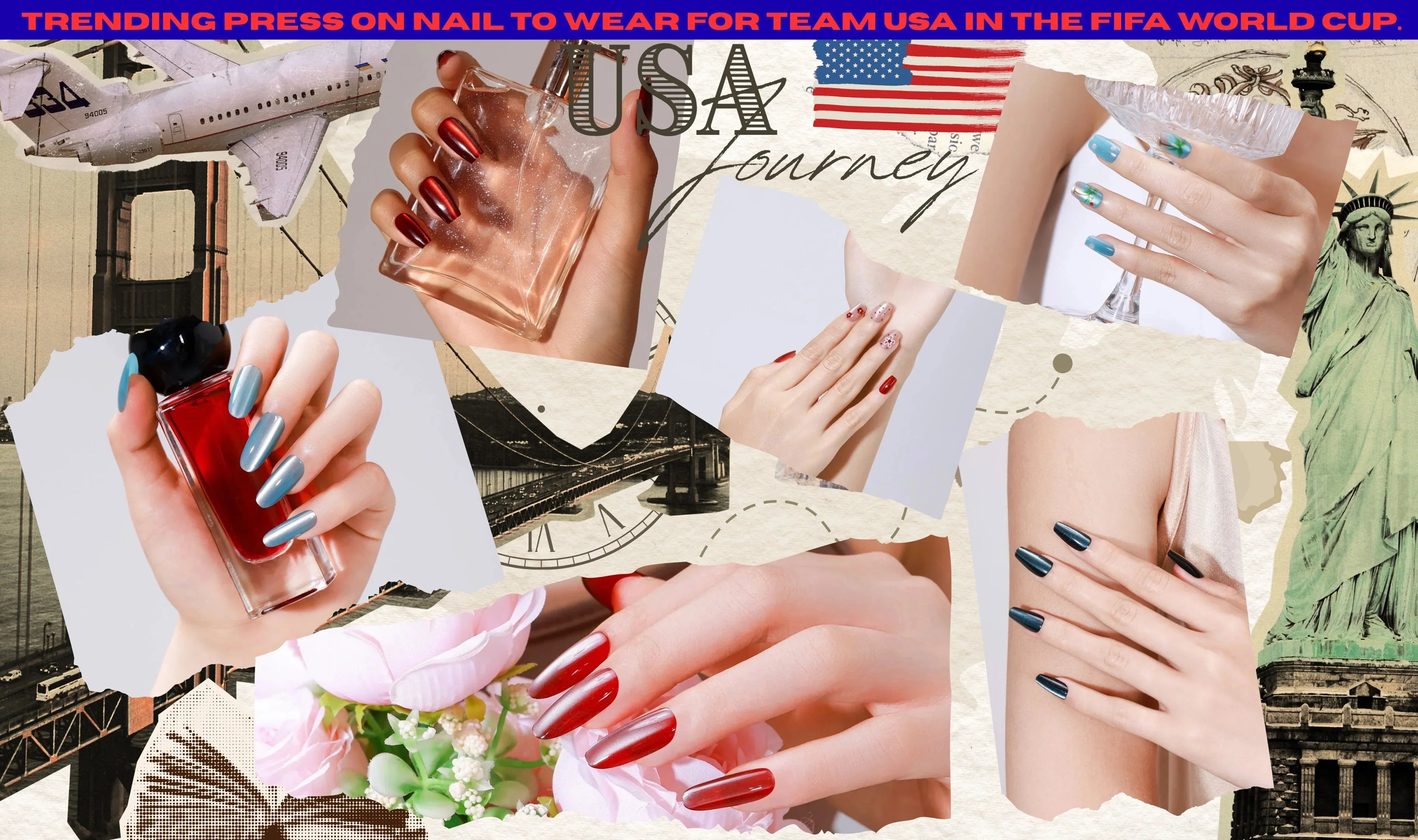 Team USA FIFA World Cup press-on nail inspiration collage featuring red, white, blue, and metallic nail designs with USA travel-themed background, flag, airplane, and Statue of Liberty.