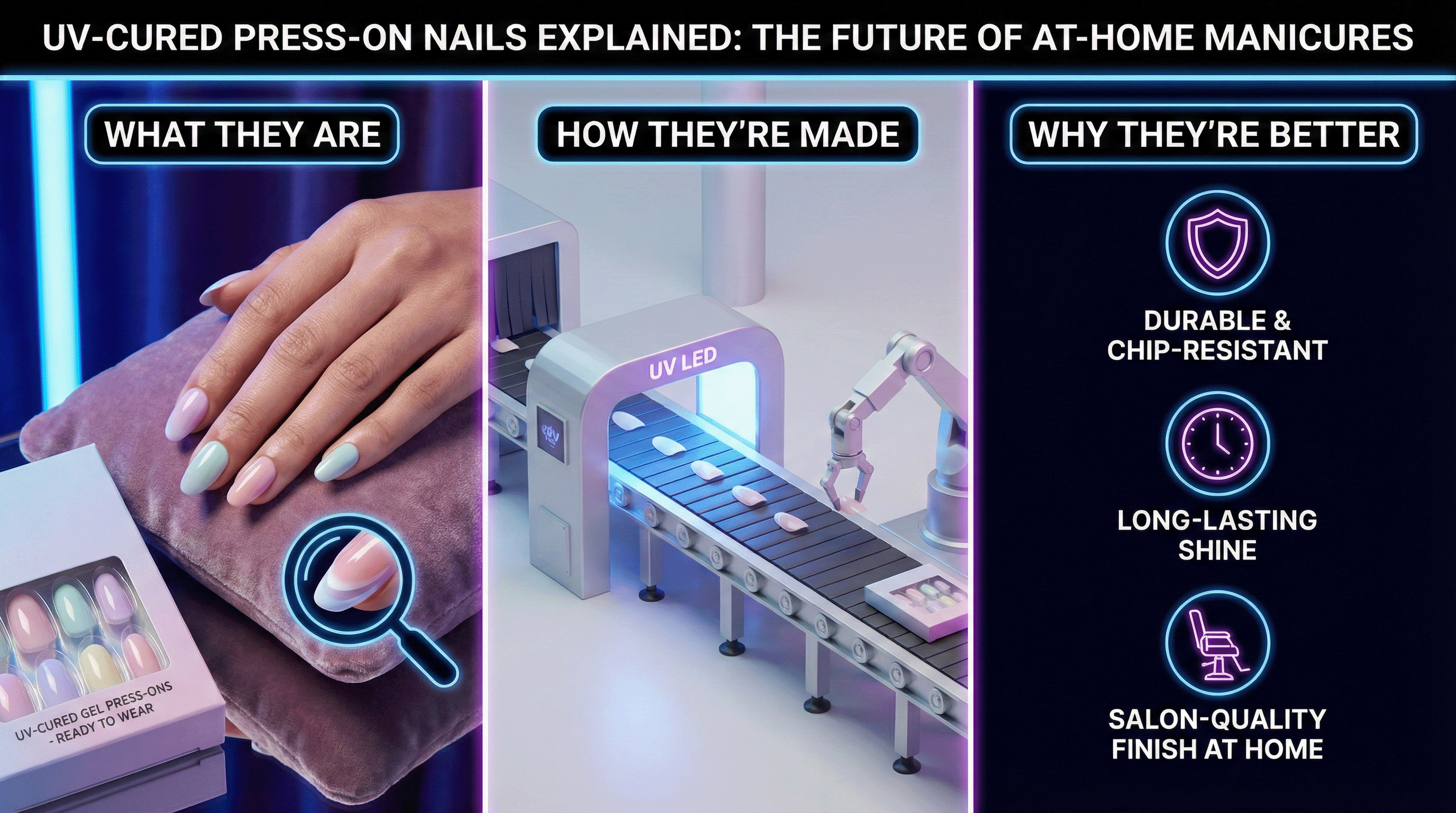 Infographic showing UV-cured press on nails, how they’re made with UV LED curing, and benefits like chip resistance, long-lasting shine, and salon finish at home