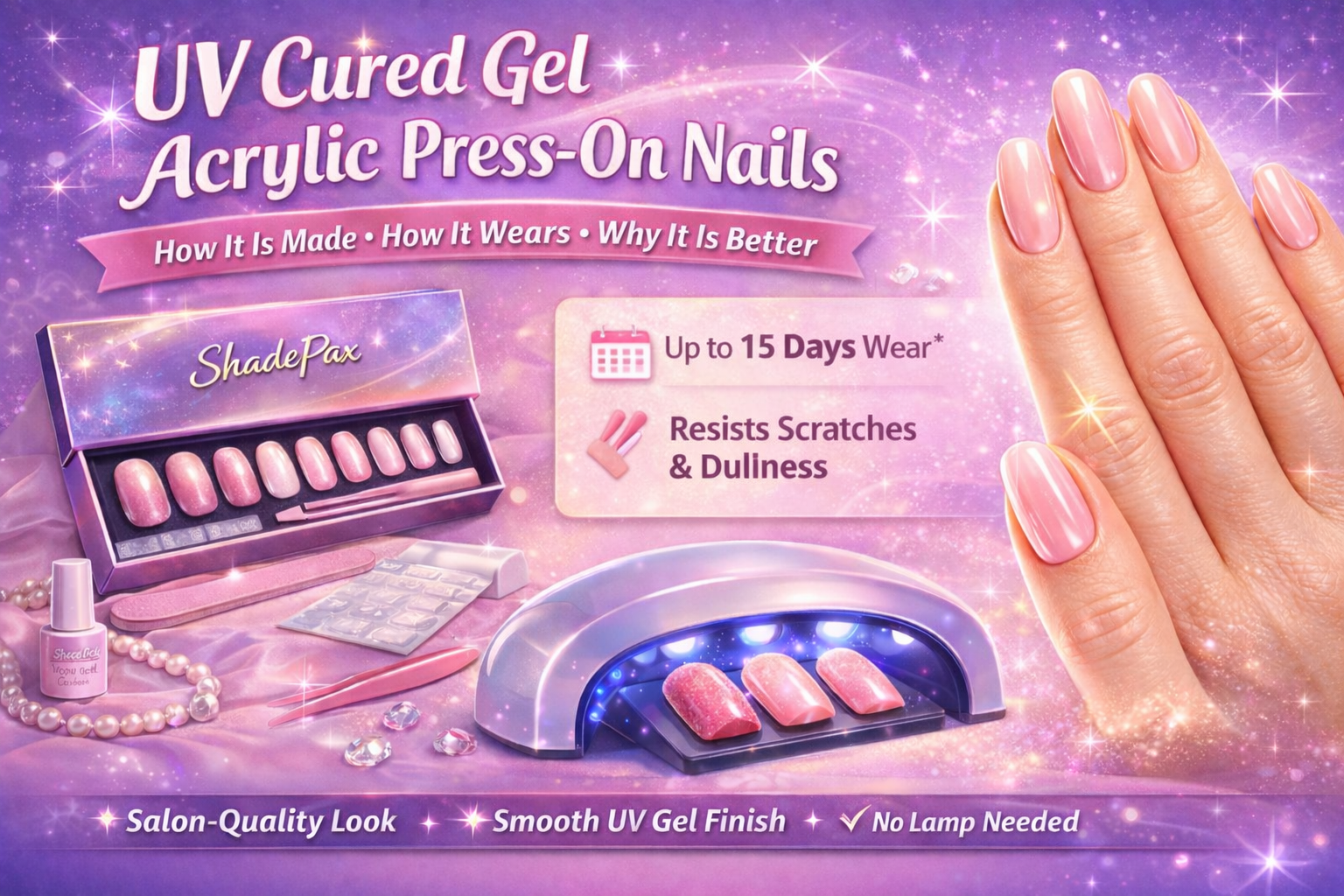 UV cured gel acrylic press on nails displayed with ShadePax kit, smooth pink manicure, UV cured gel finish benefits, and up to 15 days wear no lamp needed