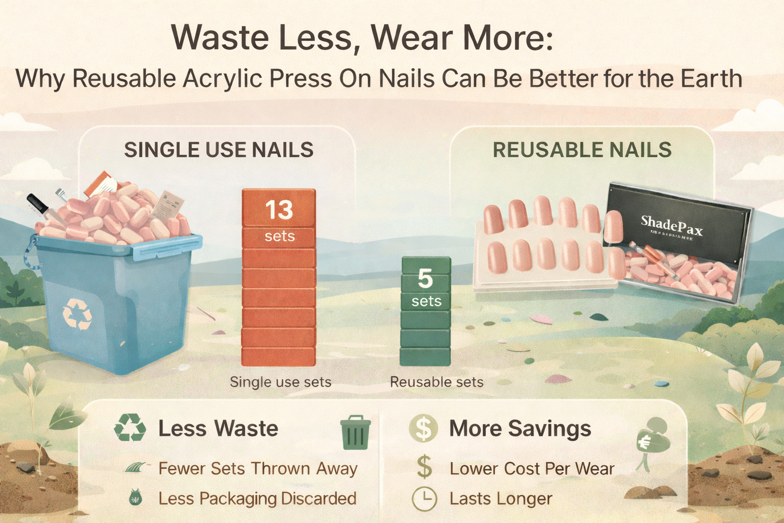 Reusable acrylic press on nails infographic comparing single use sets vs reusable sets, showing less waste and lower cost per wear with ShadePax.